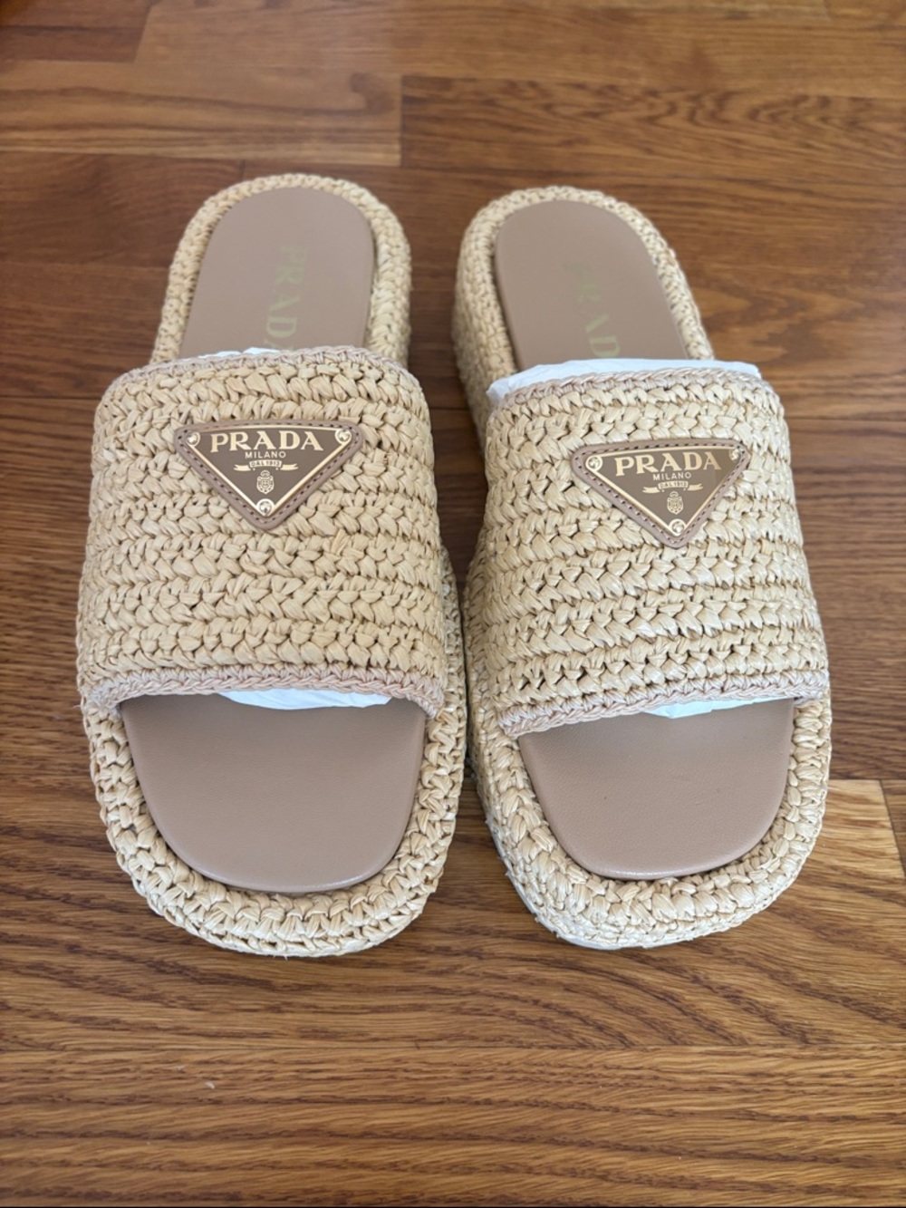 Prada Raffia Neutral Woven Platform Slide Sandals size 40 - 10 - Picture 6 of 9